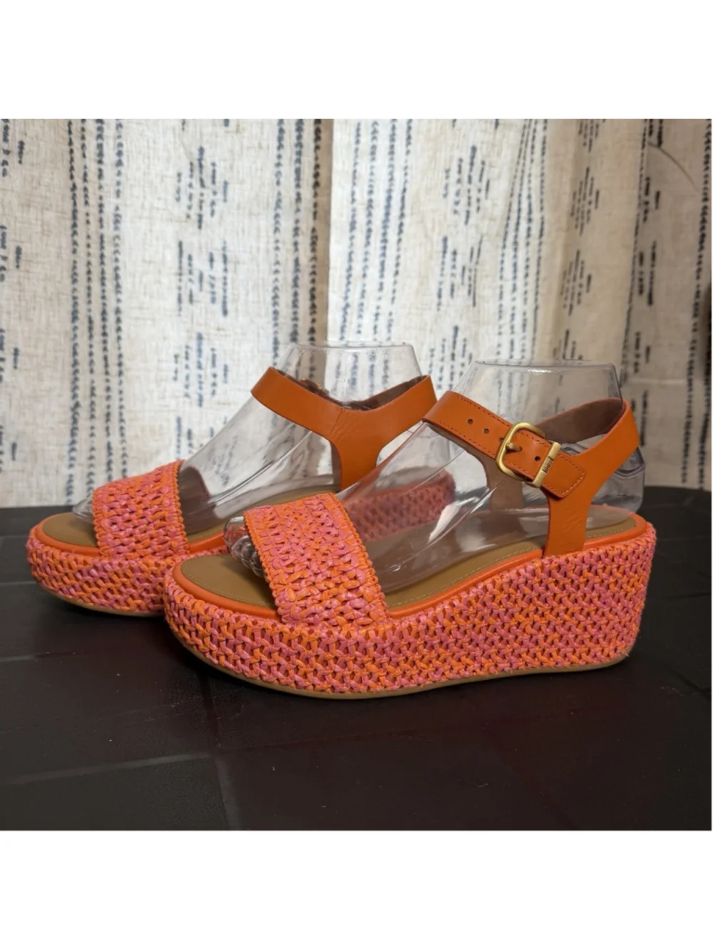 FITFLOP Eloise Leather & Raffia Woven Ankle Strap Wedge Sandals Coral Pink 6